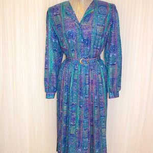1980s Size L/XL Vintage Pleated Skirt Turquoise and Purple Midi Dress With Belt